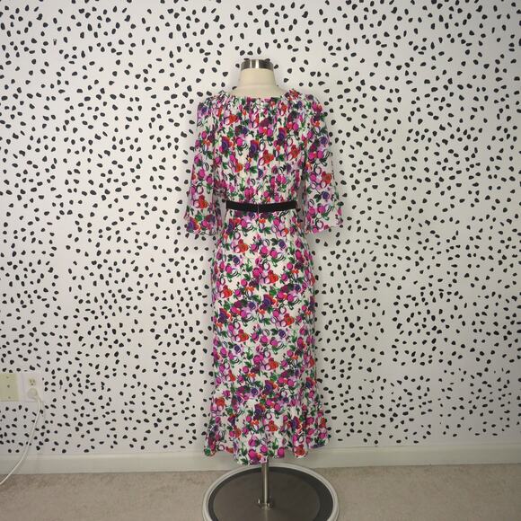 Saloni White Olivia Floral Print Ruffle Hem Silk Midi Dress - Picture 7 of 13